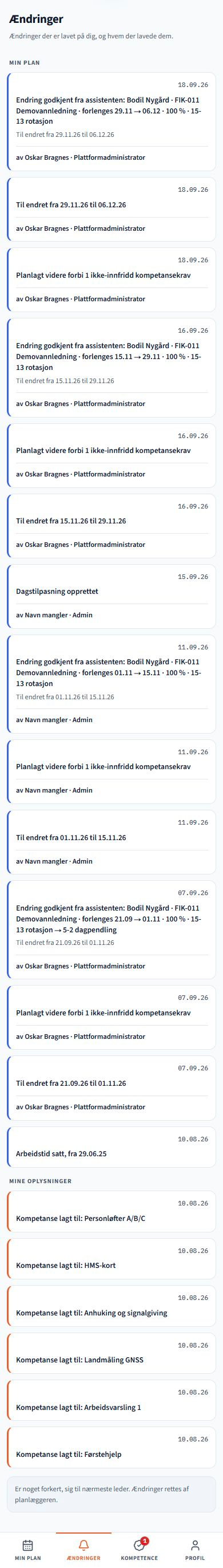 Mine ændringer. Skærmbilleder fra løsningen med eksempeldata. Grænsefladen følger det valgte sprog; registrerede navne og projektdata er bevaret.