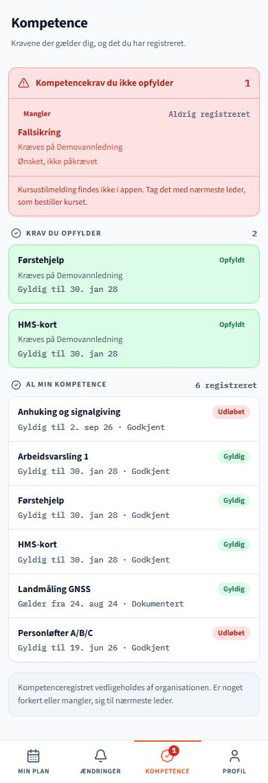 Kompetence. Skærmbilleder fra løsningen med eksempeldata. Grænsefladen følger det valgte sprog; registrerede navne og projektdata er bevaret.