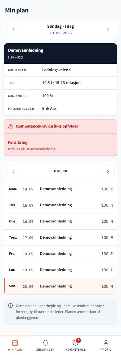 Min plan. Skærmbilleder fra løsningen med eksempeldata. Grænsefladen følger det valgte sprog; registrerede navne og projektdata er bevaret.