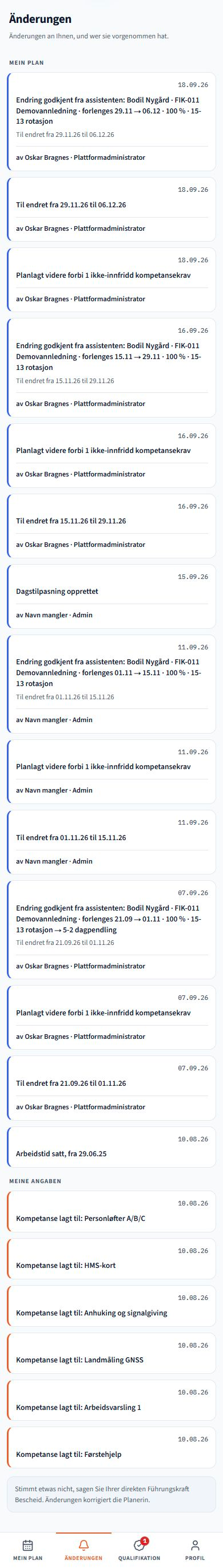 Meine Änderungen. Screenshots der Anwendung mit Beispieldaten. Die Benutzeroberfläche folgt der gewählten Sprache; gespeicherte Namen und Projektdaten bleiben erhalten.