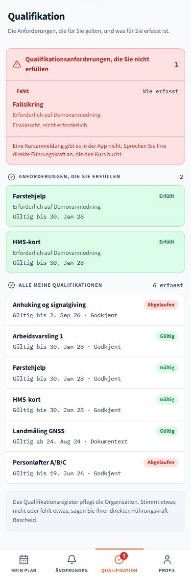 Qualifikation. Screenshots der Anwendung mit Beispieldaten. Die Benutzeroberfläche folgt der gewählten Sprache; gespeicherte Namen und Projektdaten bleiben erhalten.