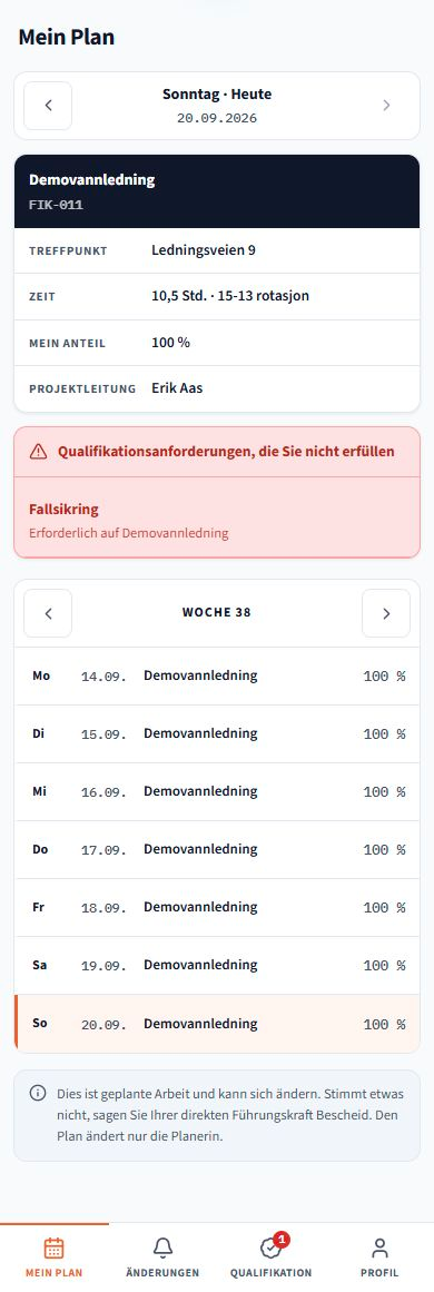 Mein Plan. Screenshots der Anwendung mit Beispieldaten. Die Benutzeroberfläche folgt der gewählten Sprache; gespeicherte Namen und Projektdaten bleiben erhalten.