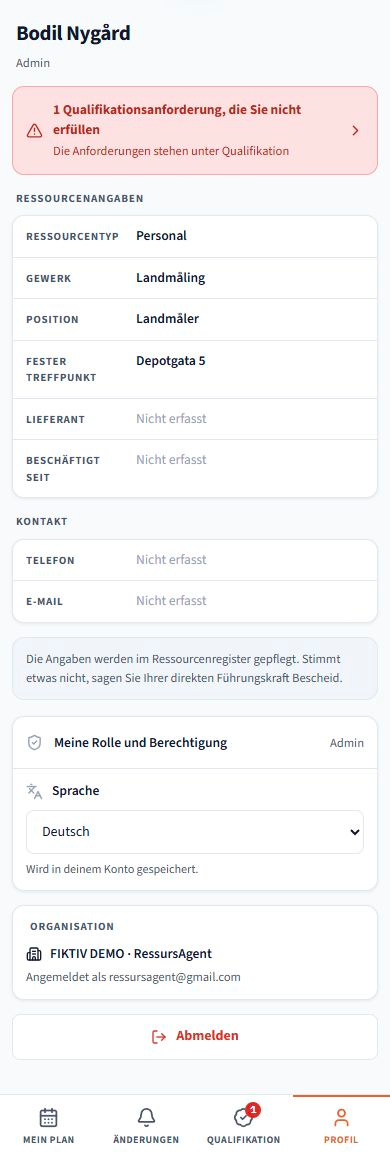 Profil. Screenshots der Anwendung mit Beispieldaten. Die Benutzeroberfläche folgt der gewählten Sprache; gespeicherte Namen und Projektdaten bleiben erhalten.