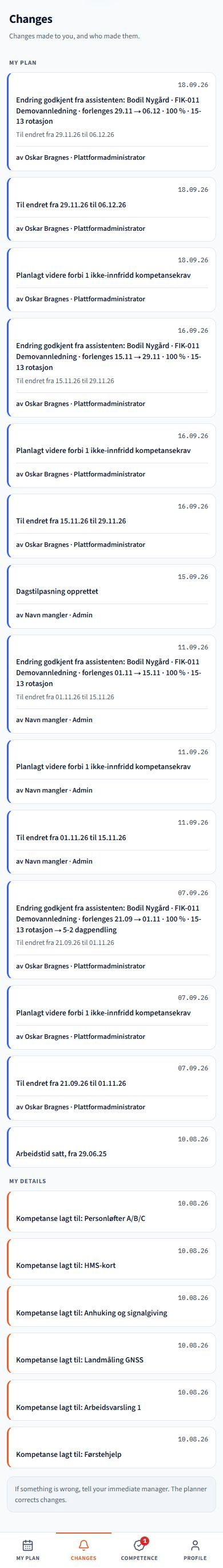 My changes. Screenshots from the product with example data. The interface follows your selected language; recorded names and project data are preserved.