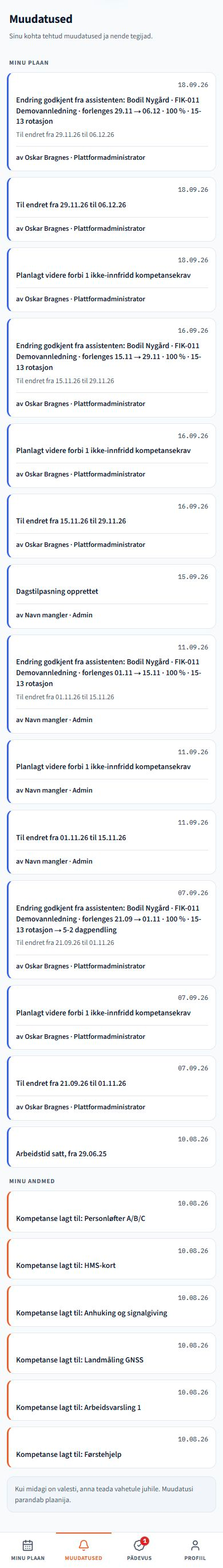 Minu muudatused. Toote kuvatõmmised näidisandmetega. Kasutajaliides vastab valitud keelele; salvestatud nimed ja projektiandmed on säilitatud.