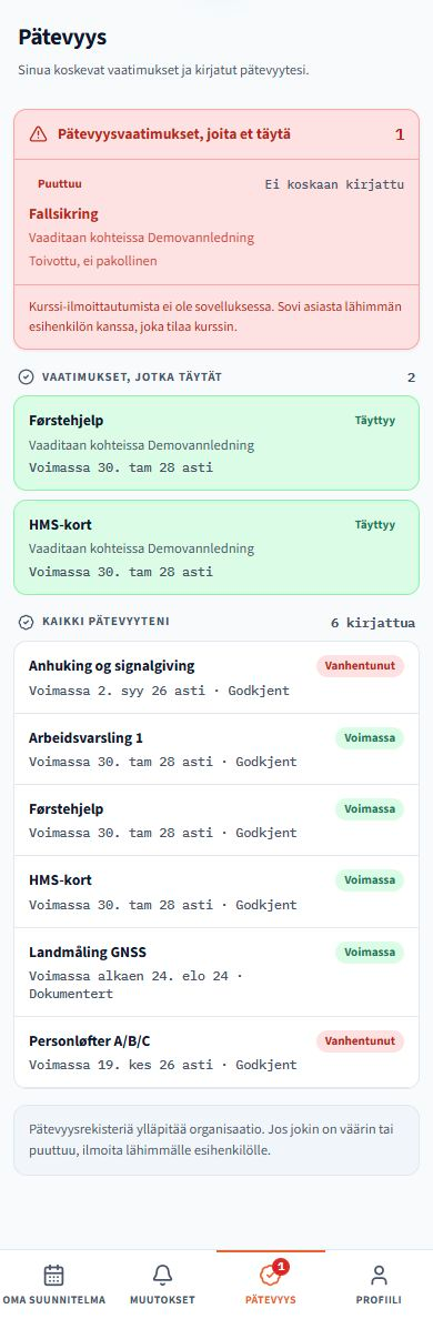 Pätevyys. Tuotteen näyttökuvia esimerkkitiedoilla. Käyttöliittymä noudattaa valittua kieltä; tallennetut nimet ja projektitiedot on säilytetty.