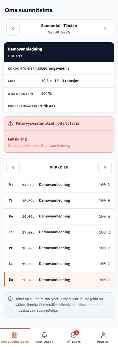 Oma suunnitelma. Tuotteen näyttökuvia esimerkkitiedoilla. Käyttöliittymä noudattaa valittua kieltä; tallennetut nimet ja projektitiedot on säilytetty.