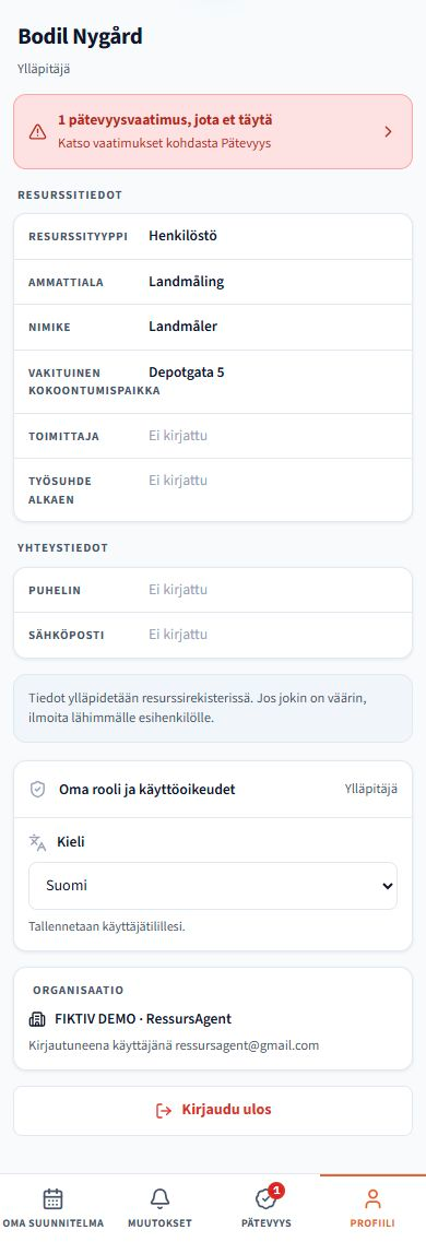 Profiili. Tuotteen näyttökuvia esimerkkitiedoilla. Käyttöliittymä noudattaa valittua kieltä; tallennetut nimet ja projektitiedot on säilytetty.
