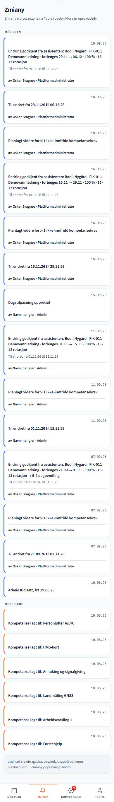 Moje zmiany. Zrzuty ekranu z rozwiązania z przykładowymi danymi. Interfejs odpowiada wybranemu językowi; zapisane nazwy i dane projektów pozostają bez zmian.