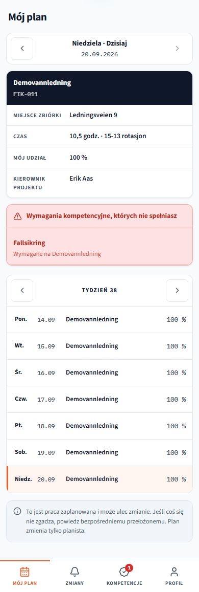 Mój plan. Zrzuty ekranu z rozwiązania z przykładowymi danymi. Interfejs odpowiada wybranemu językowi; zapisane nazwy i dane projektów pozostają bez zmian.