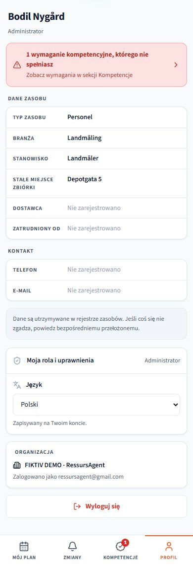 Profil. Zrzuty ekranu z rozwiązania z przykładowymi danymi. Interfejs odpowiada wybranemu językowi; zapisane nazwy i dane projektów pozostają bez zmian.