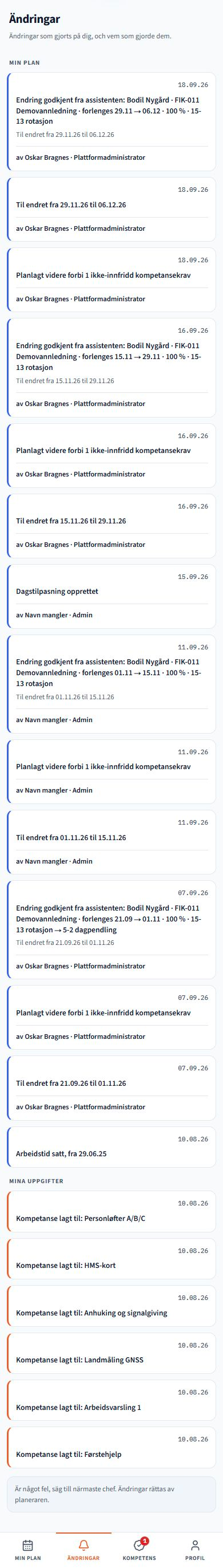 Mina ändringar. Skärmbilder från lösningen med exempeldata. Gränssnittet följer valt språk; registrerade namn och projektdata har behållits.